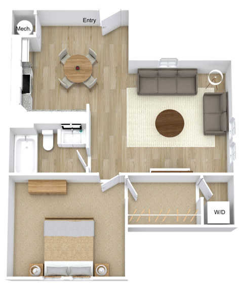 Floor plan for 1 bed, 1 bath, 670 sqft